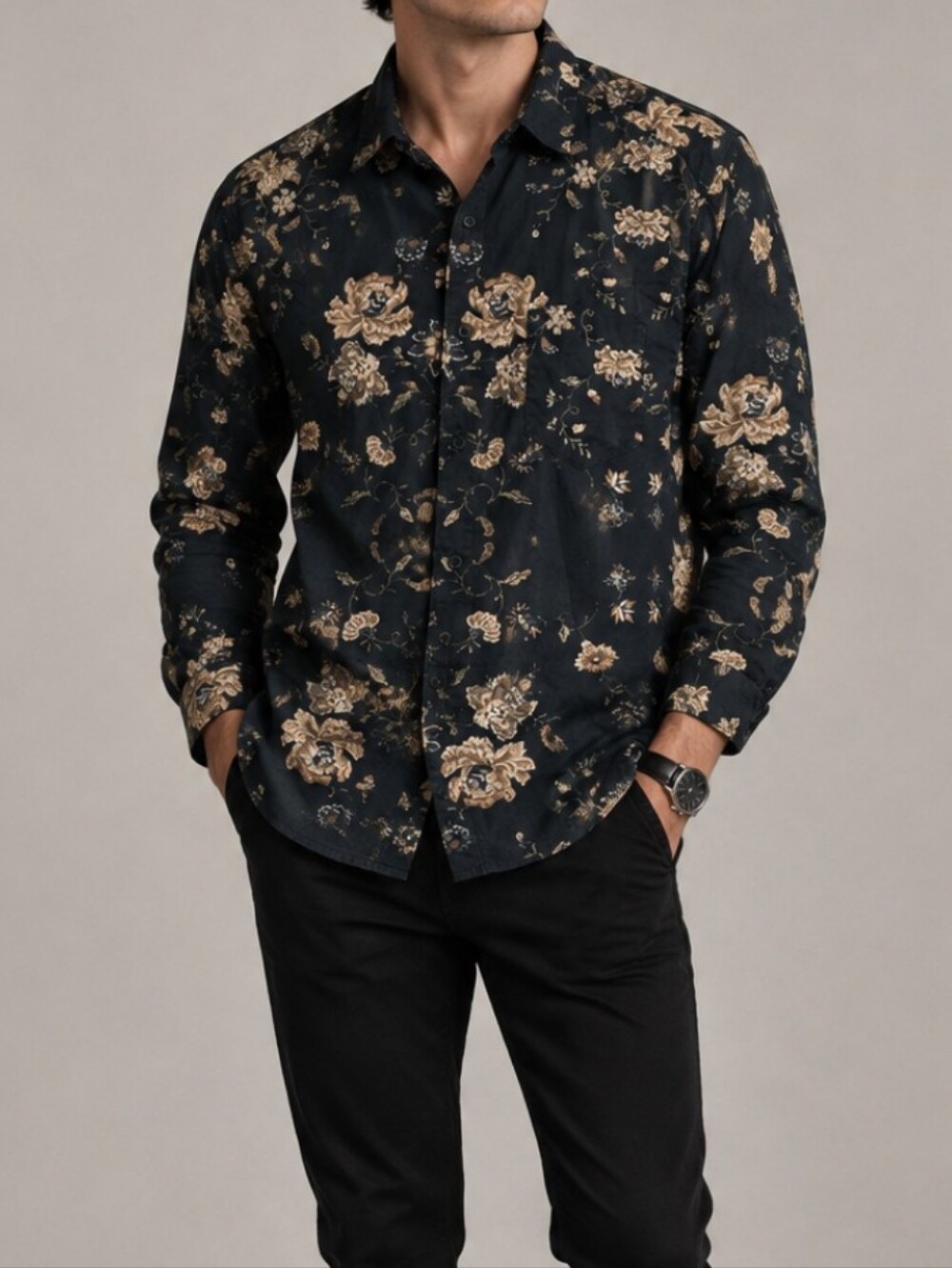Men's Black Relaxed Fit Long-Sleeve Floral Button-Down Shirt with Tan Rose Print